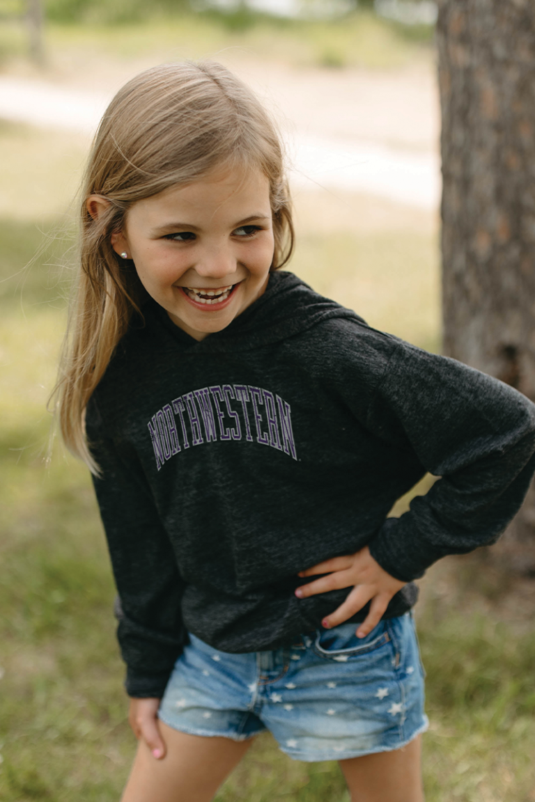 youth model wearing college Blue 84 hooded sweatshirt.